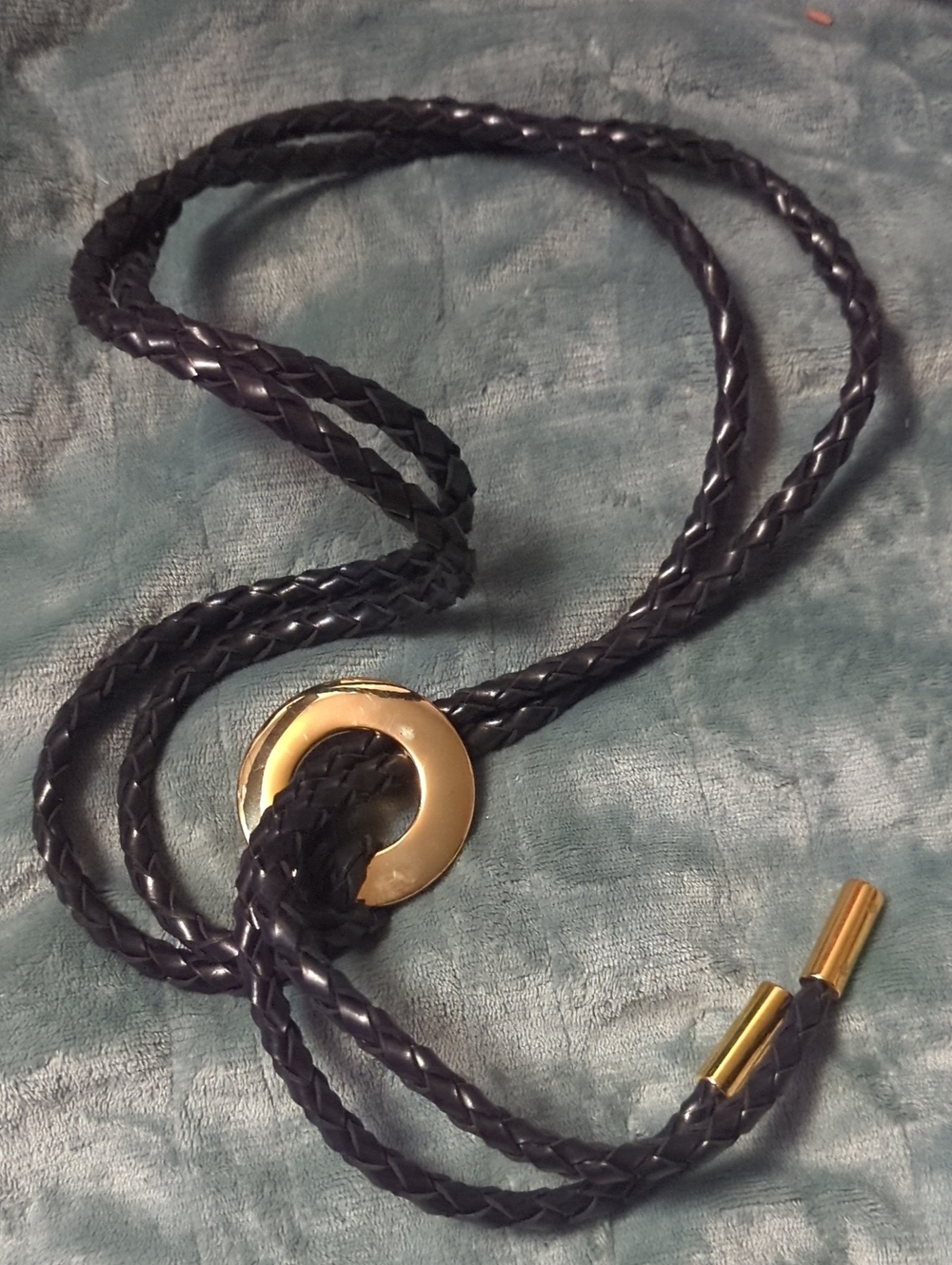 53-Black Braided Leather Lariat Necklace with Gold Accent. Small size. Pre-loved